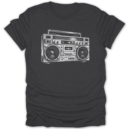 Sketch or outline of a boombox on a dark gray t-shirt