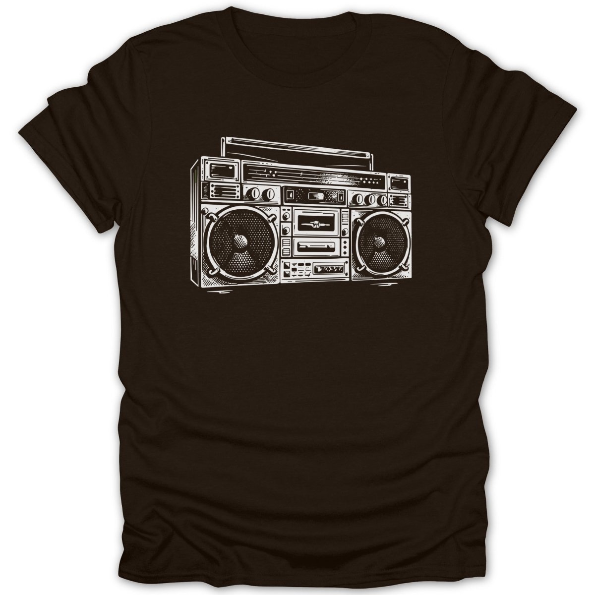 White line art of a boombox with two speakers on a brown t-shirt.