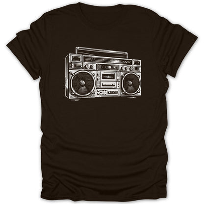 White line art of a boombox with two speakers on a brown t-shirt.