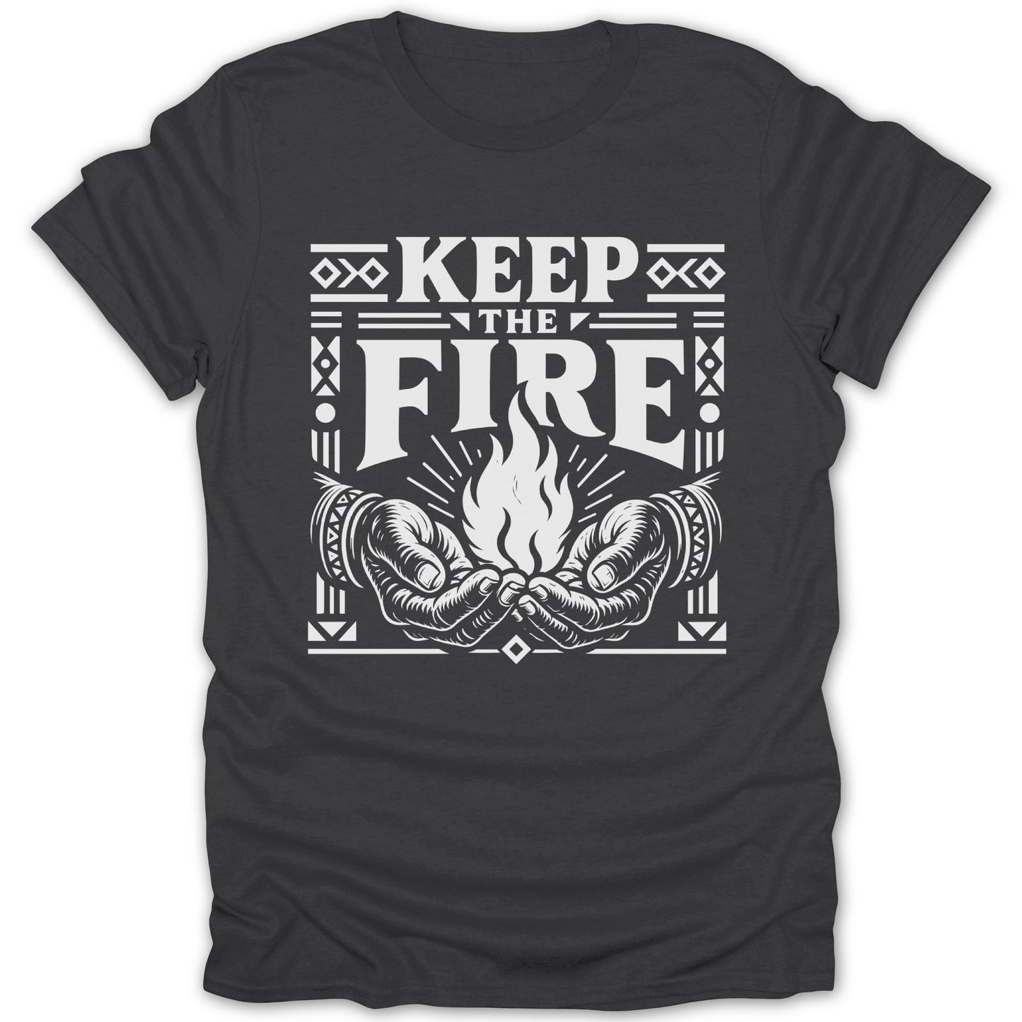 White graphic on dark t-shirt reads "KEEP THE FIRE" above cupped hands holding a flame.