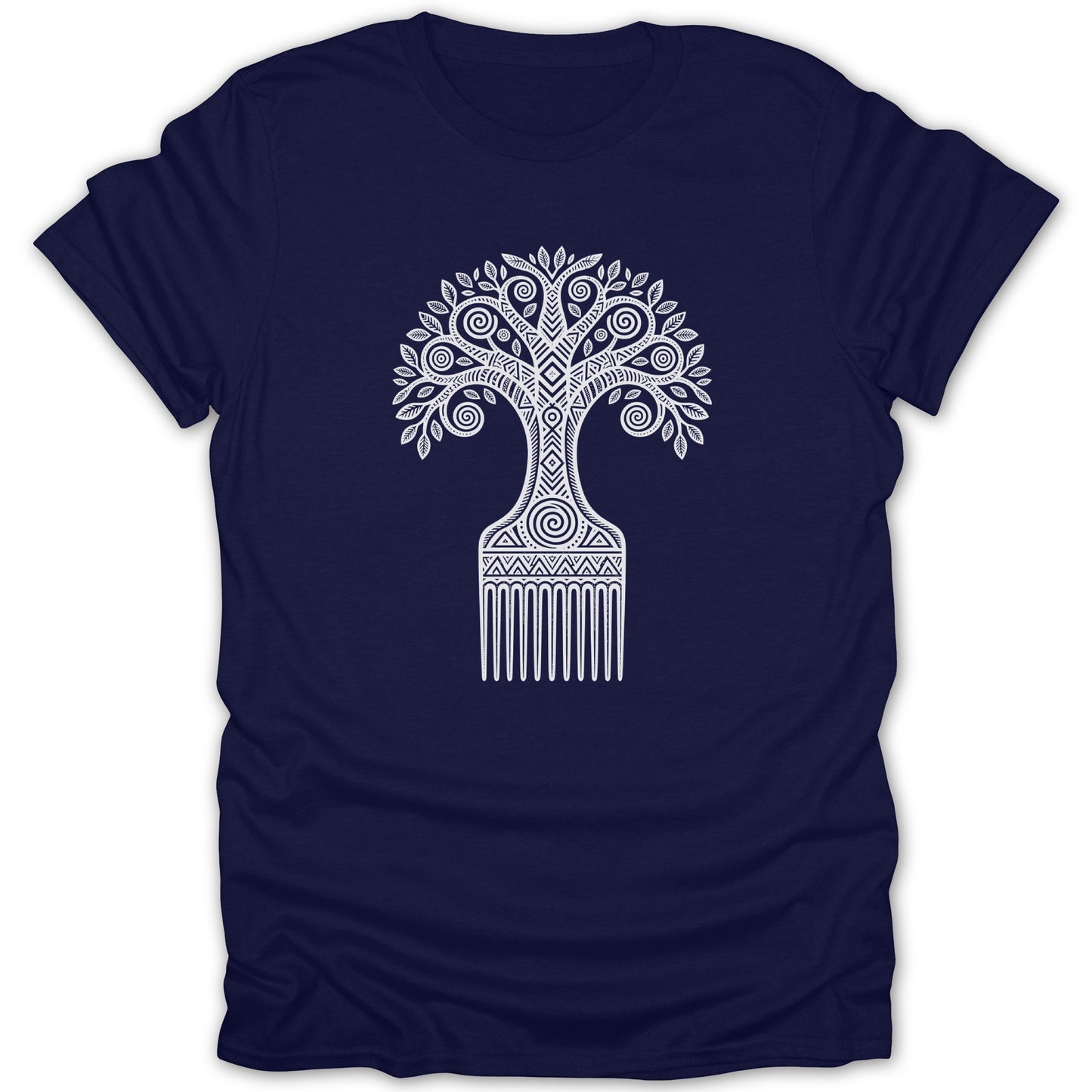 Dark blue t-shirt with a white graphic of a tree designed like a comb.