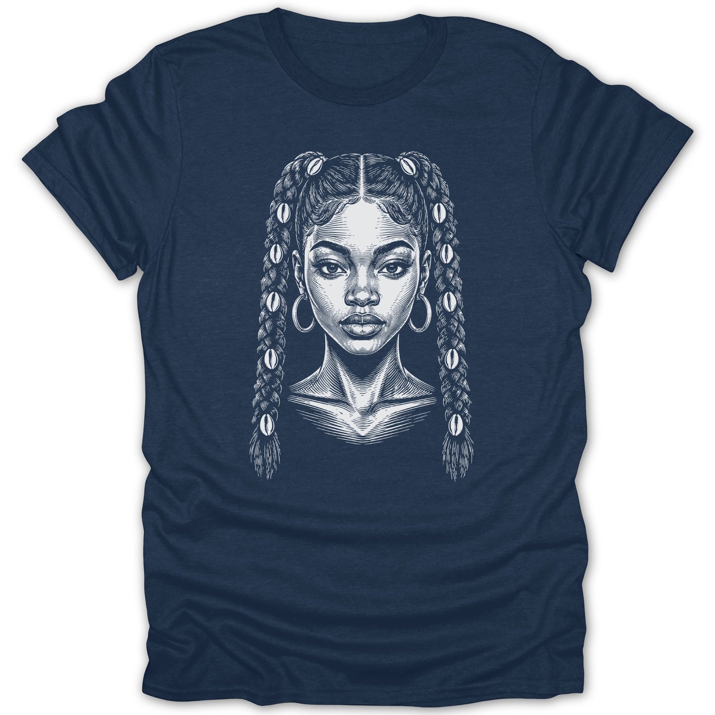 Line art portrait of a woman with braided pigtails adorned with shells on a navy t-shirt.