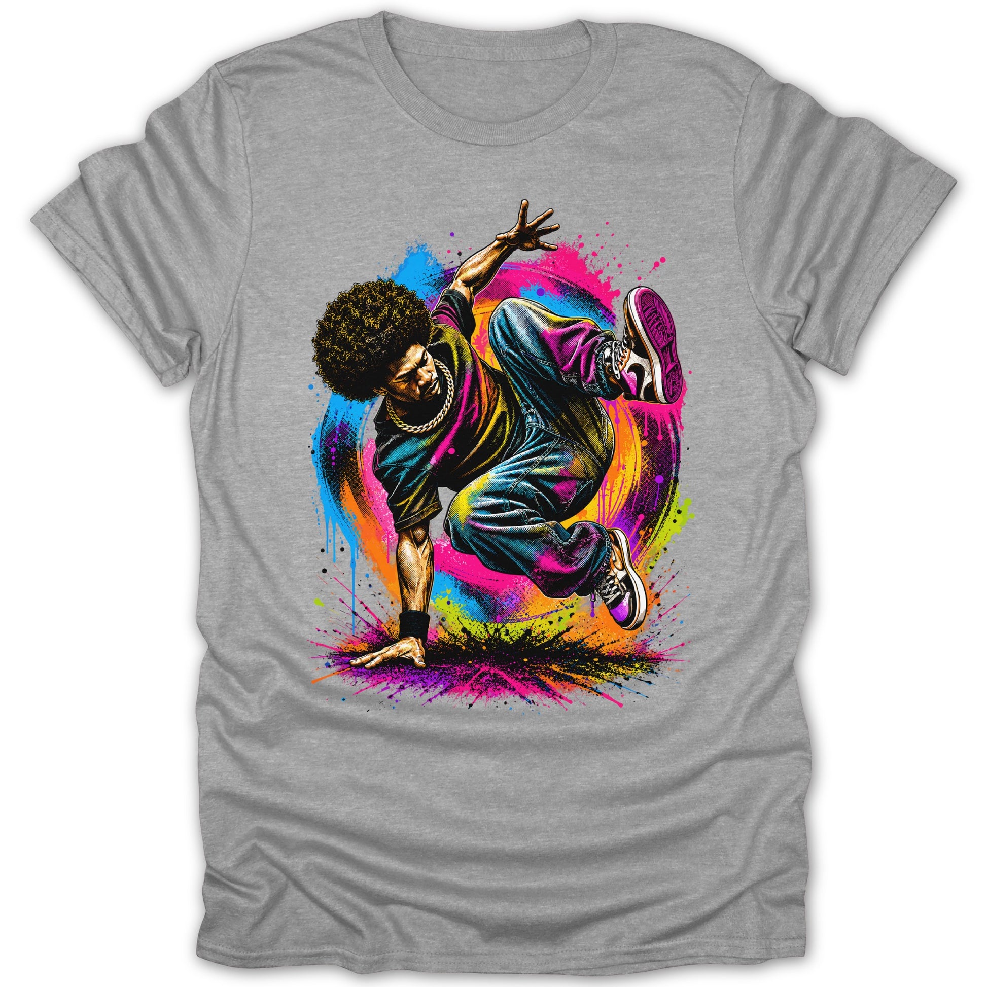Breakdancer with afro on gray t-shirt with vibrant paint splatter.