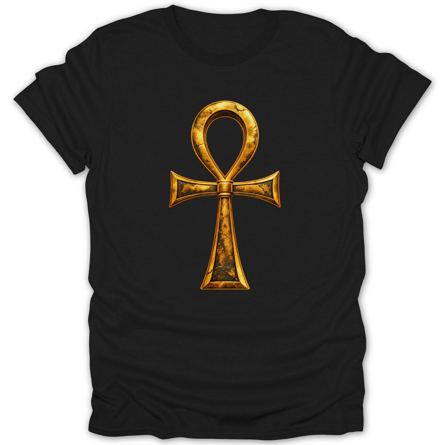 Black t-shirt with a textured gold ankh symbol centered on the chest.