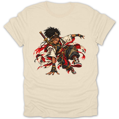 Illustration of a female samurai warrior with a sword, in a dynamic pose on a cream t-shirt.