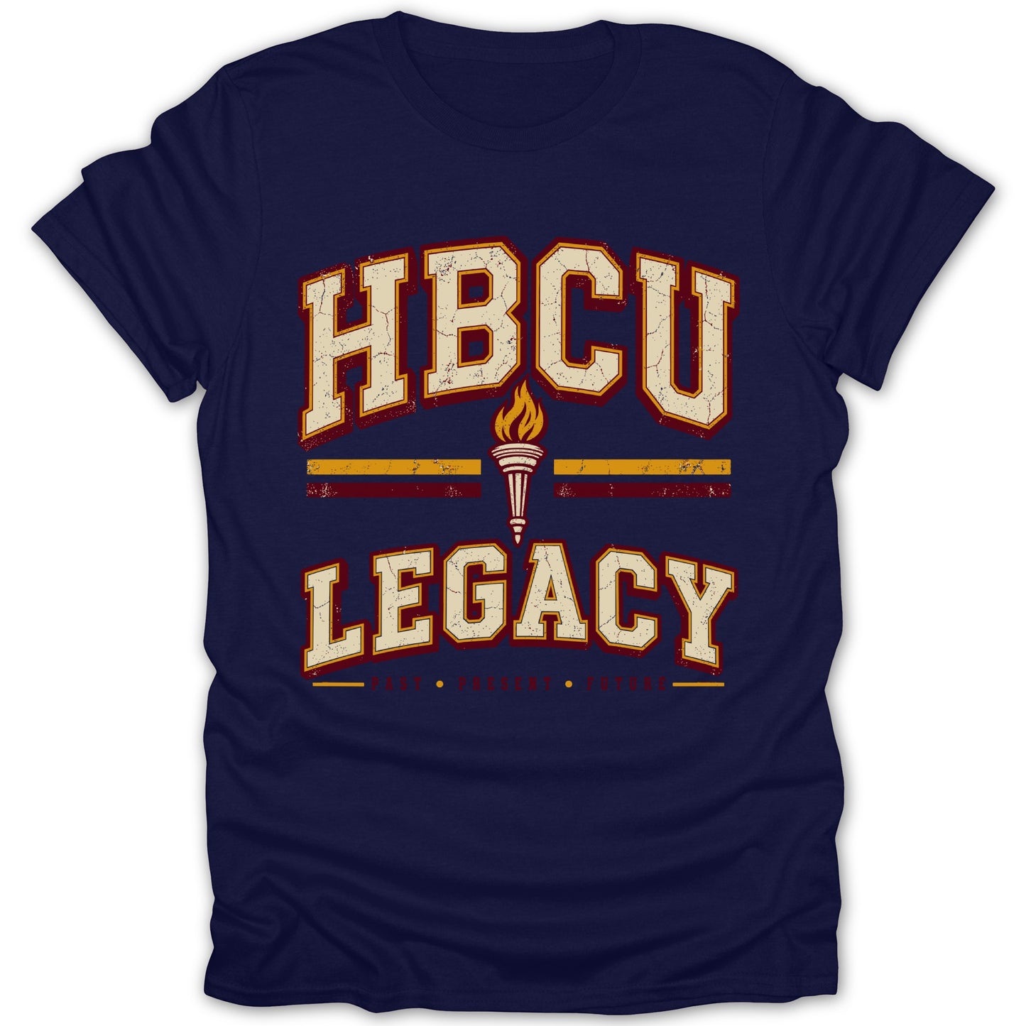 Navy t-shirt with "HBCU LEGACY" and a torch graphic.