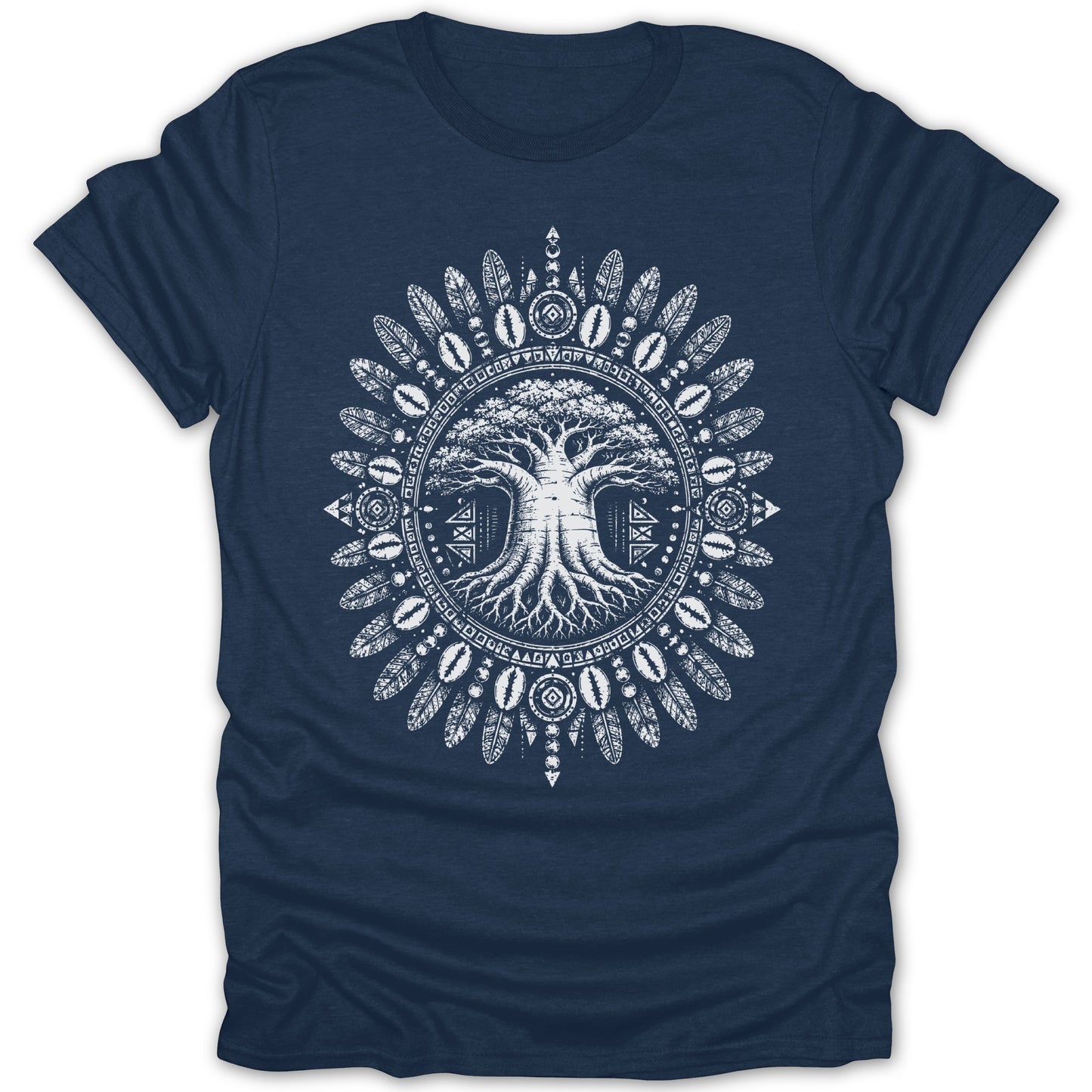 Navy t-shirt with a white circular design of a tree, feathers, and tribal patterns.
