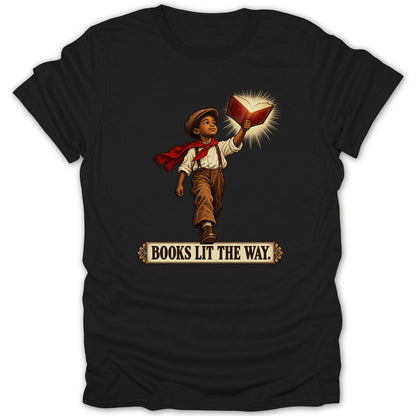 Illustration of a boy holding a glowing book with text "BOOKS LIT THE WAY."