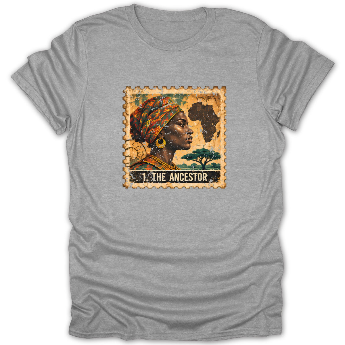 Heather gray t-shirt featuring a postage stamp graphic of an African woman and the text 1. THE ANCESTOR.