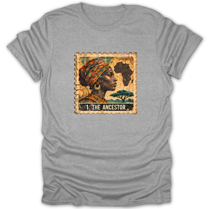Heather gray t-shirt featuring a postage stamp graphic of an African woman and the text 1. THE ANCESTOR.