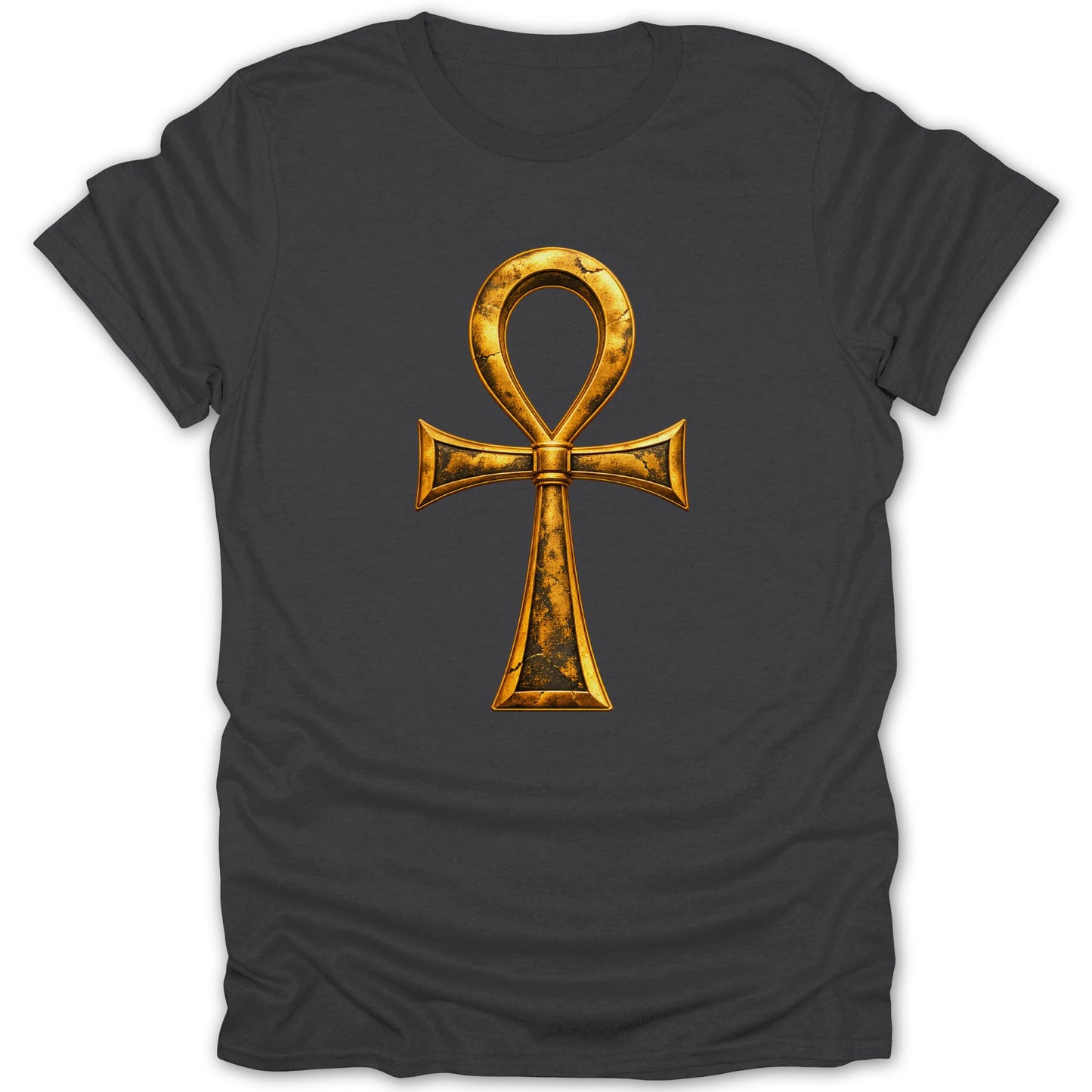 Dark grey t-shirt with a distressed gold ankh symbol graphic.