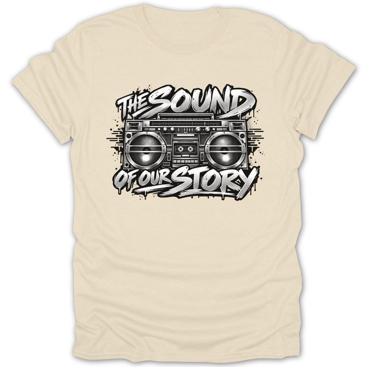 Cream t-shirt with a graphic of a boombox and text that reads "THE SOUND OF OUR STORY".