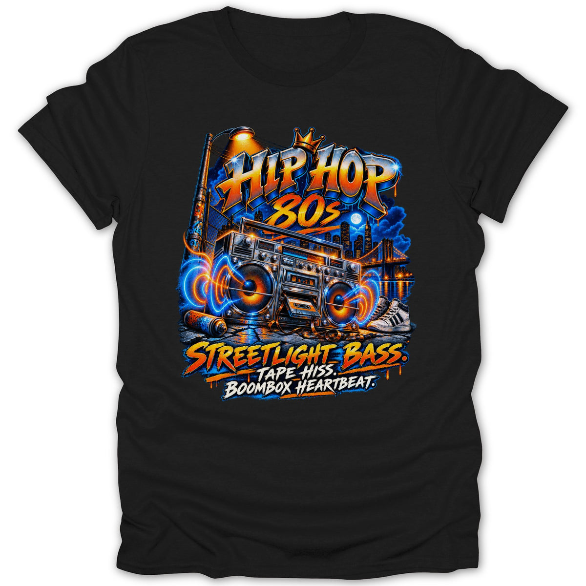 Hip Hop 80s Streetlight Bass Boombox Heartbeat design with boombox and city skyline.