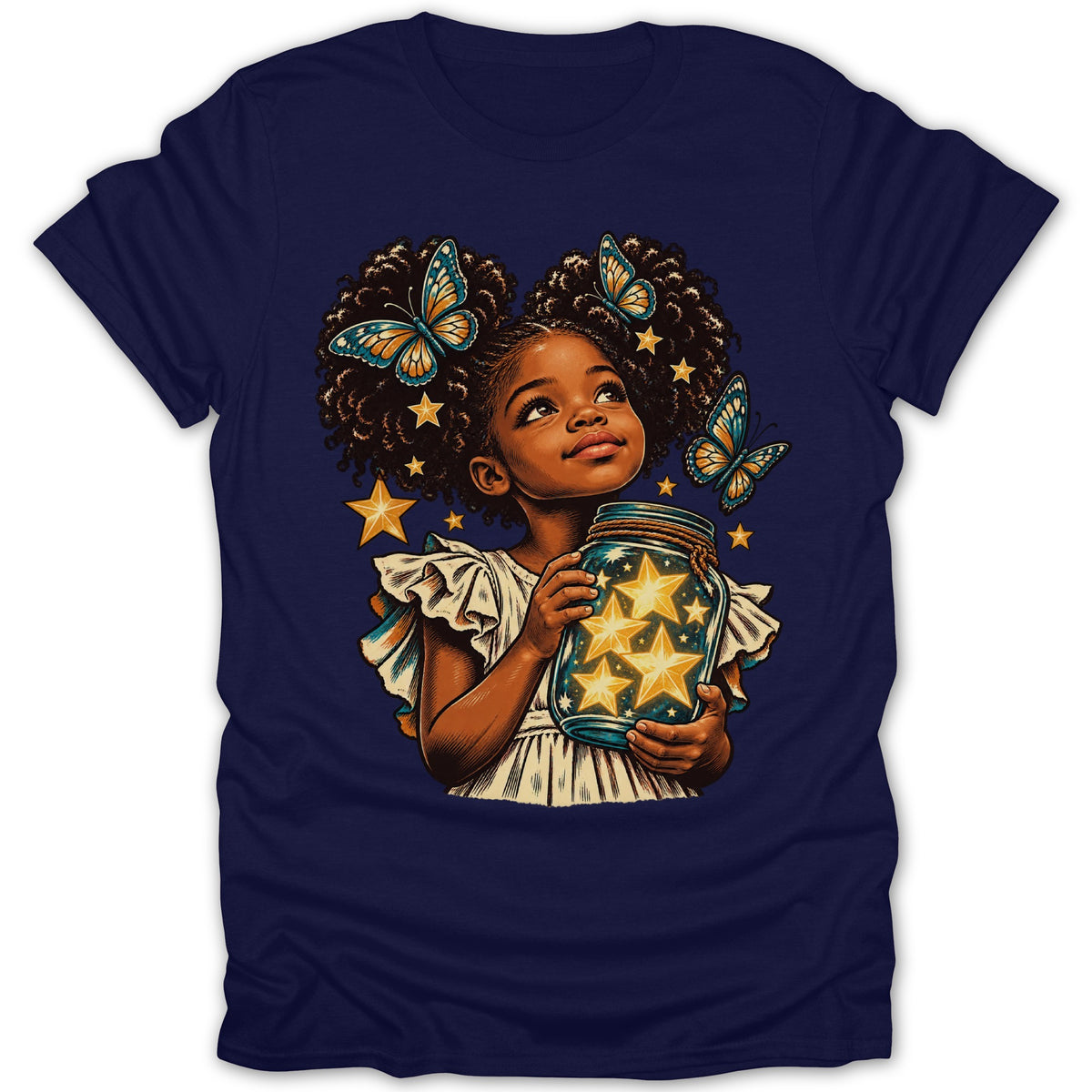 Girl with afro and butterflies holding a jar of stars, on a navy blue t-shirt.