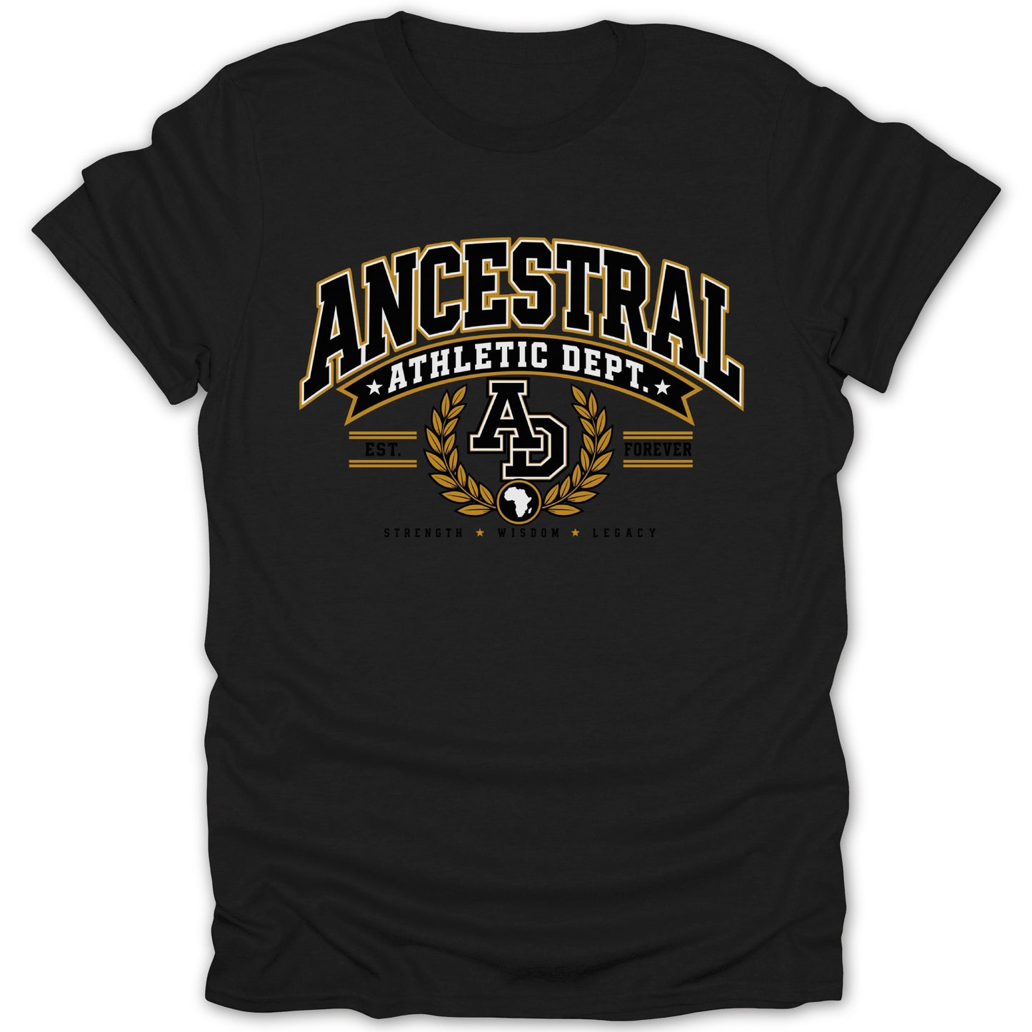 Black t-shirt with "ANCESTRAL ATHLETIC DEPT." text and AD logo.