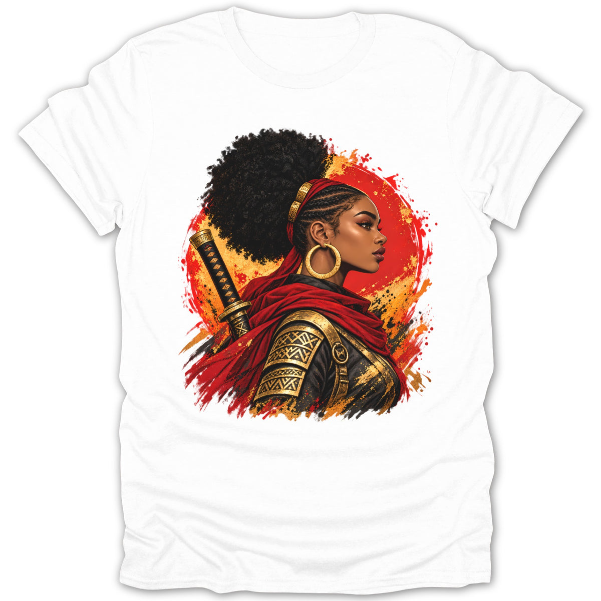 Illustration of a Black woman warrior with a samurai sword and red cape.