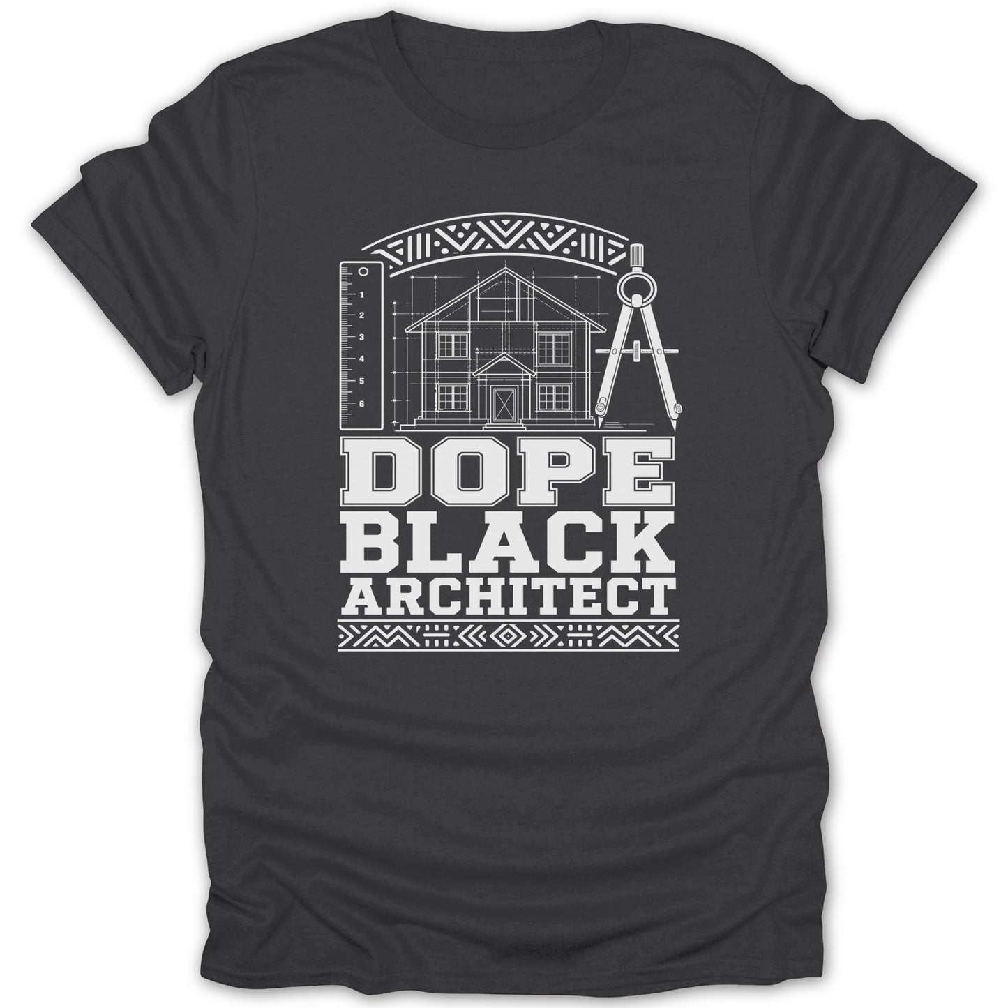Dope Black Architect text with house blueprint, ruler, and compass on t-shirt.