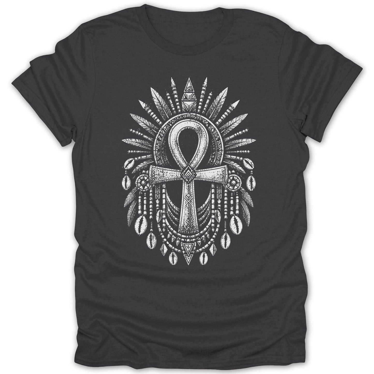 Dark t-shirt with an ornate white ankh symbol surrounded by feathers and shells.