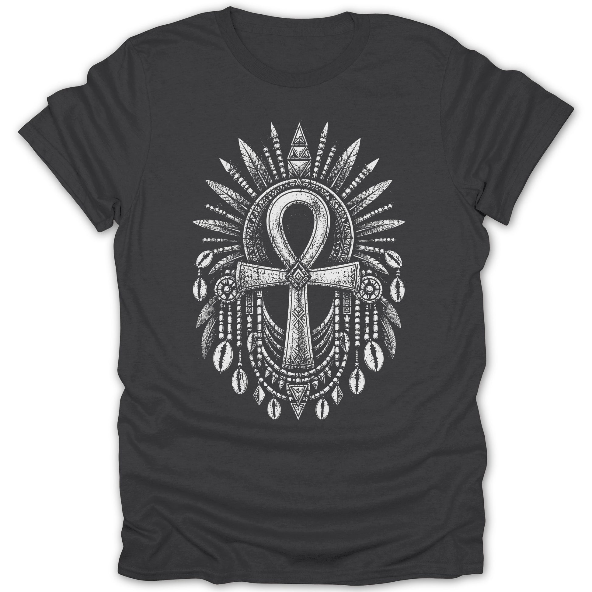 Dark t-shirt with an ornate white ankh symbol surrounded by feathers and shells.