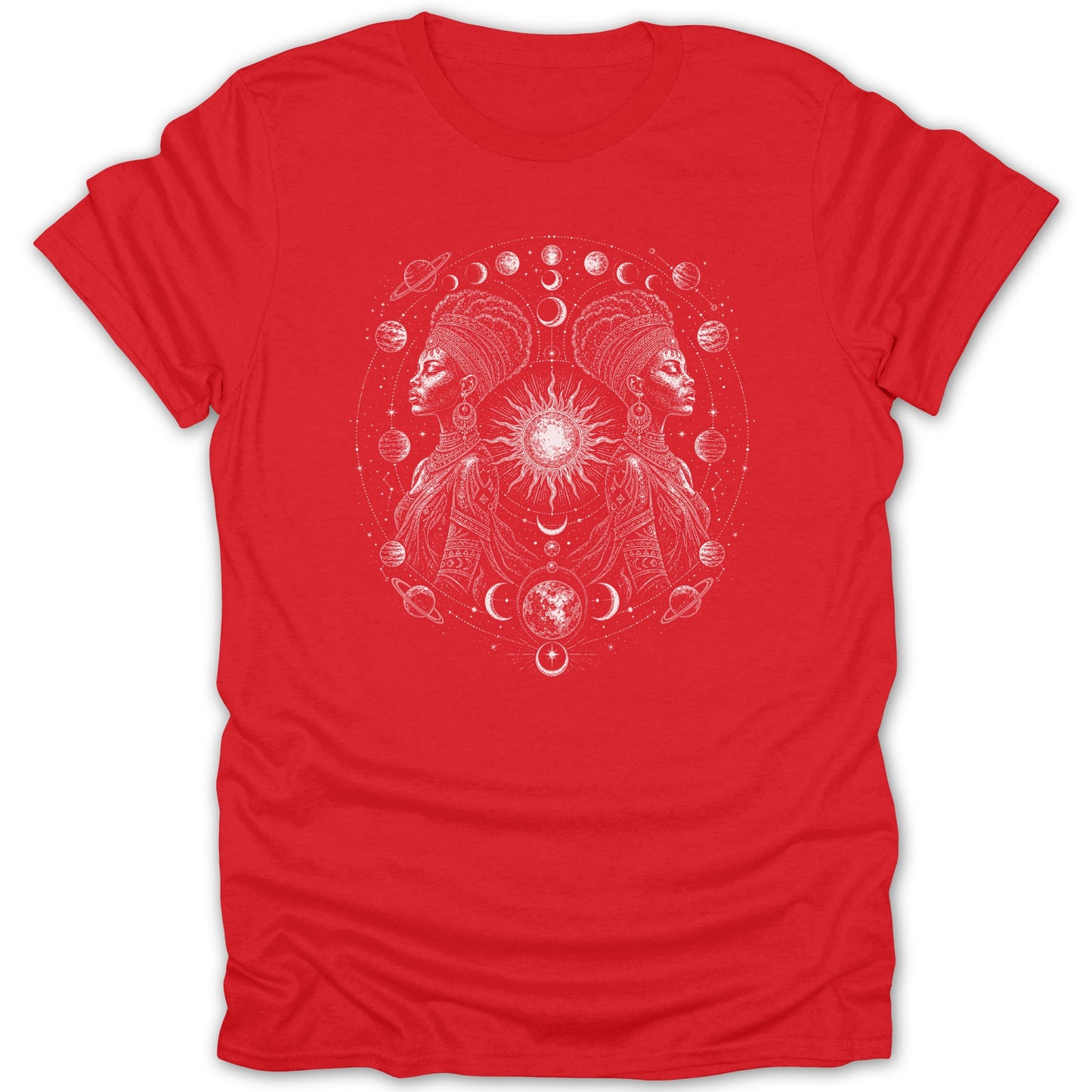 Red t-shirt with mirrored white design of two women, sun, moon, and planets.