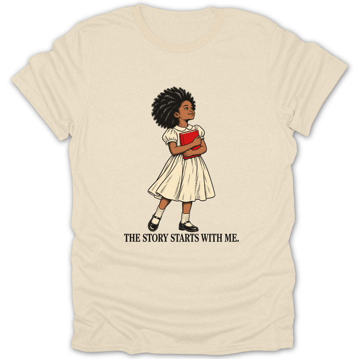Illustration of a Black girl in a white dress holding a red book with text below.