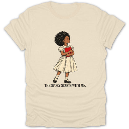 Illustration of a Black girl in a white dress holding a red book with text below.