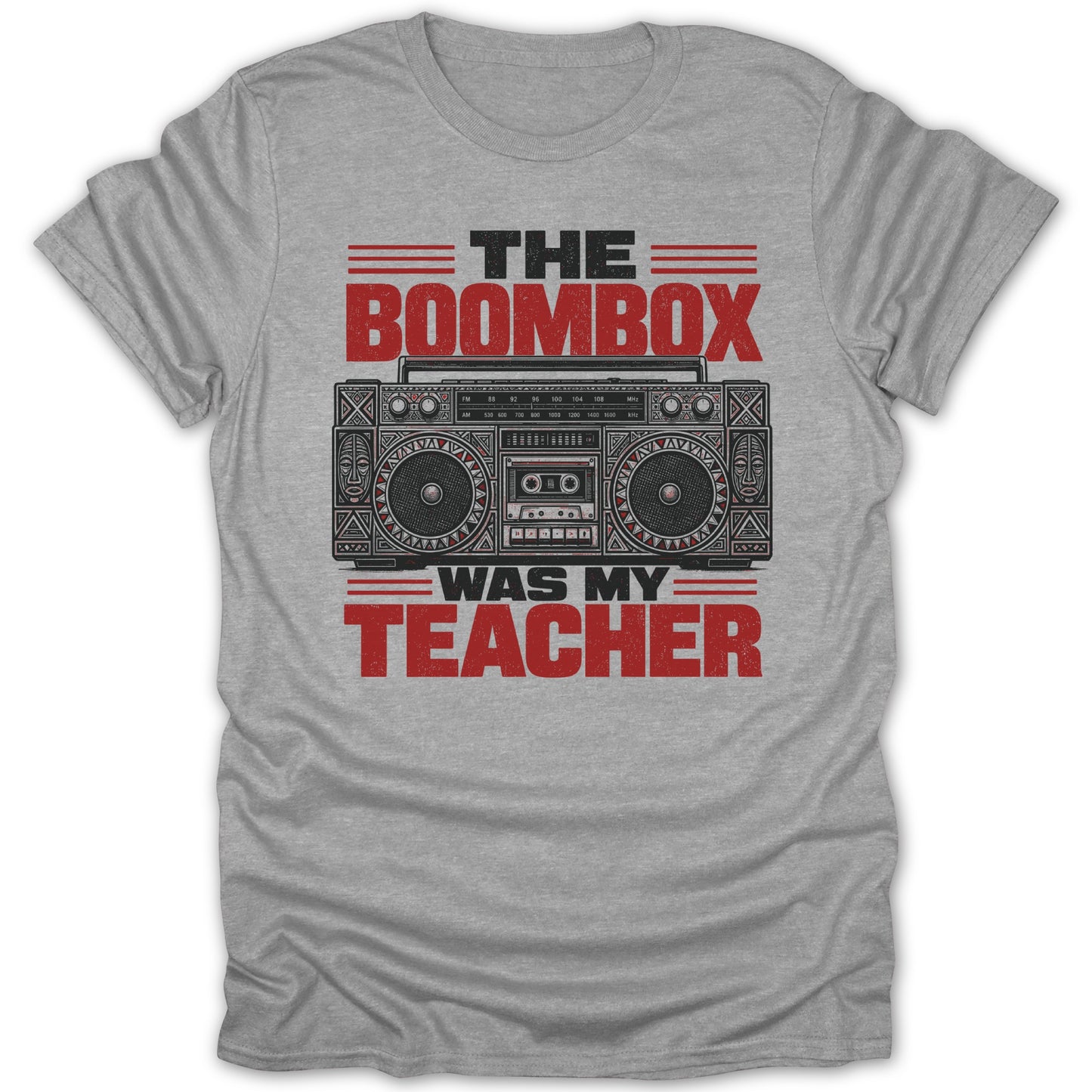 The Boombox Was My Teacher t-shirt with retro boombox graphic.