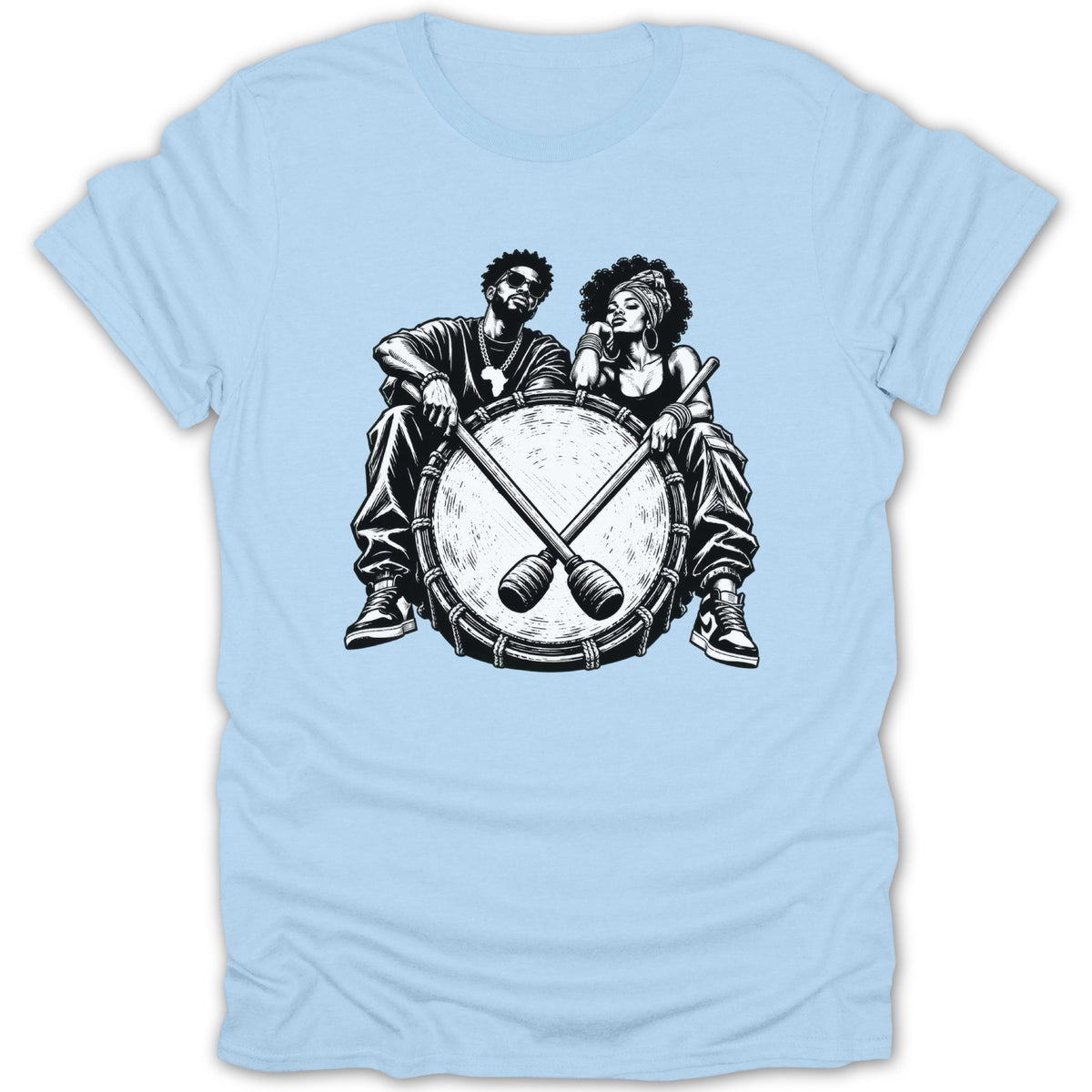 Black and white illustration of a man and woman sitting on a large drum with drumsticks.