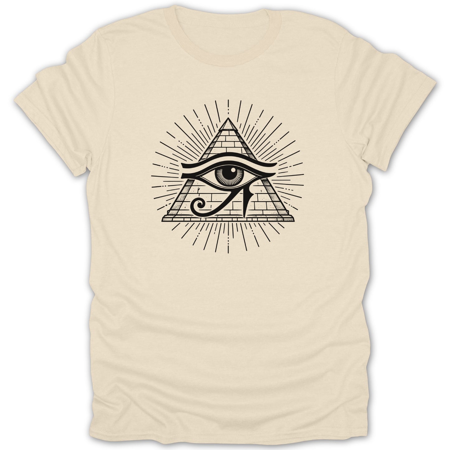 Cream t-shirt with black Eye of Horus within a pyramid graphic.