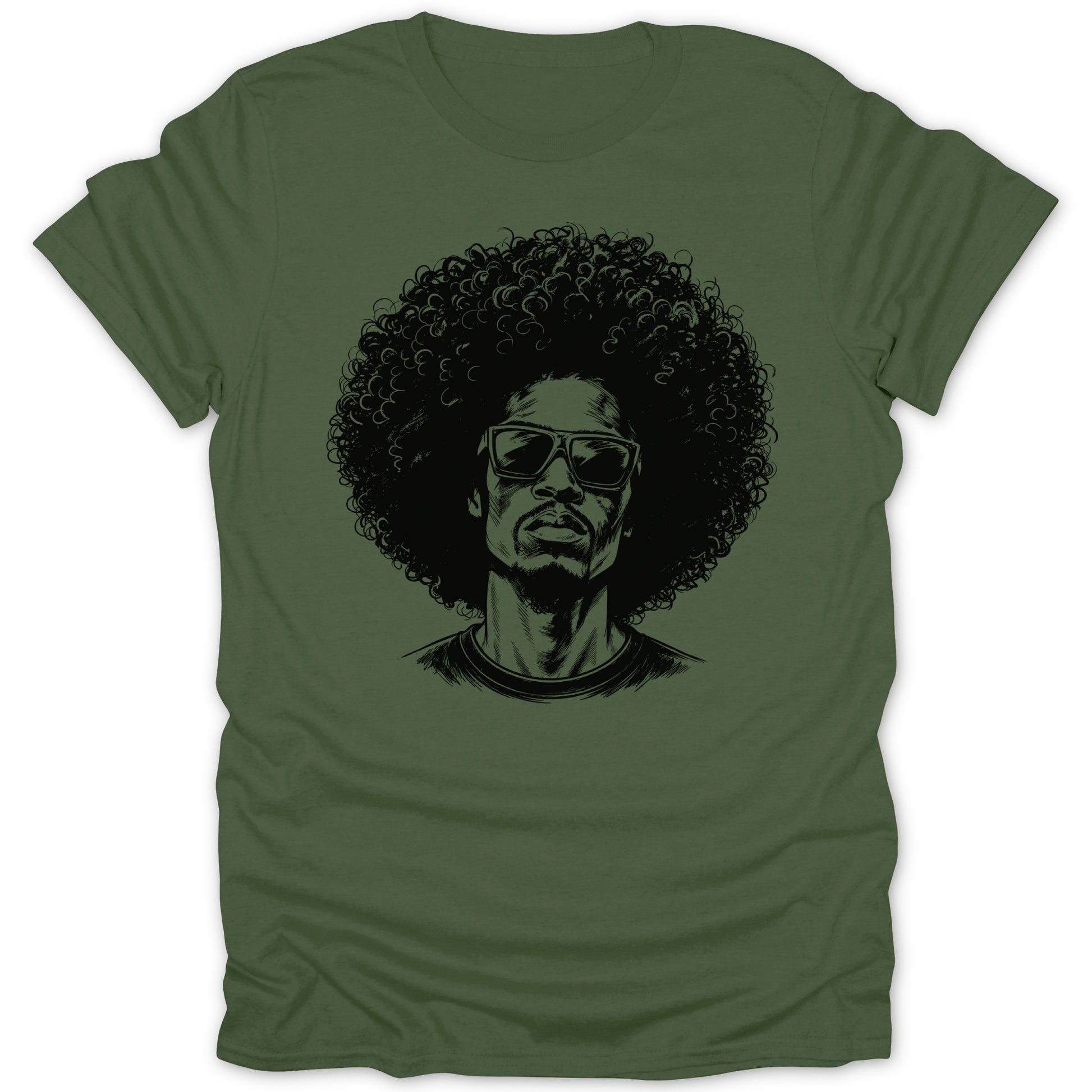 Green t-shirt with a black line drawing of a man with large afro and sunglasses.