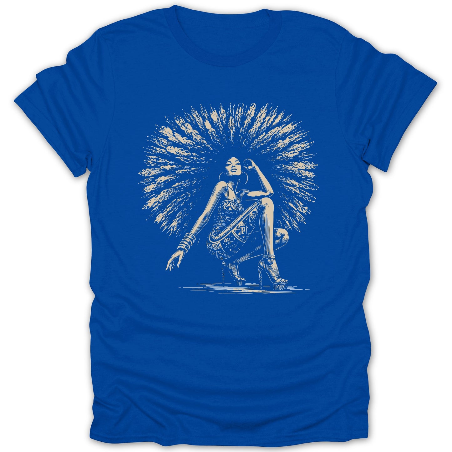 T-shirt with a blue graphic of a woman with large hair, crouching.