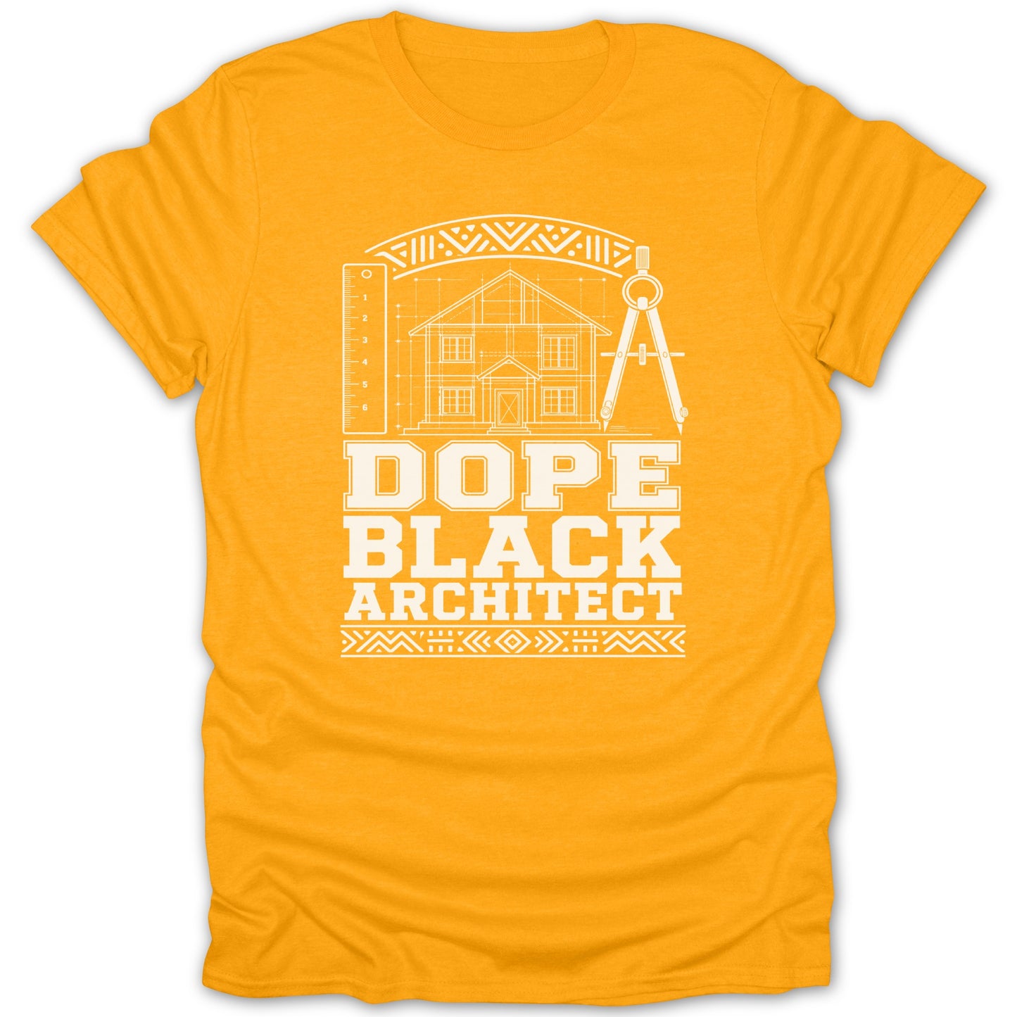 Orange t-shirt with white graphic of a house blueprint, ruler, compass and text.