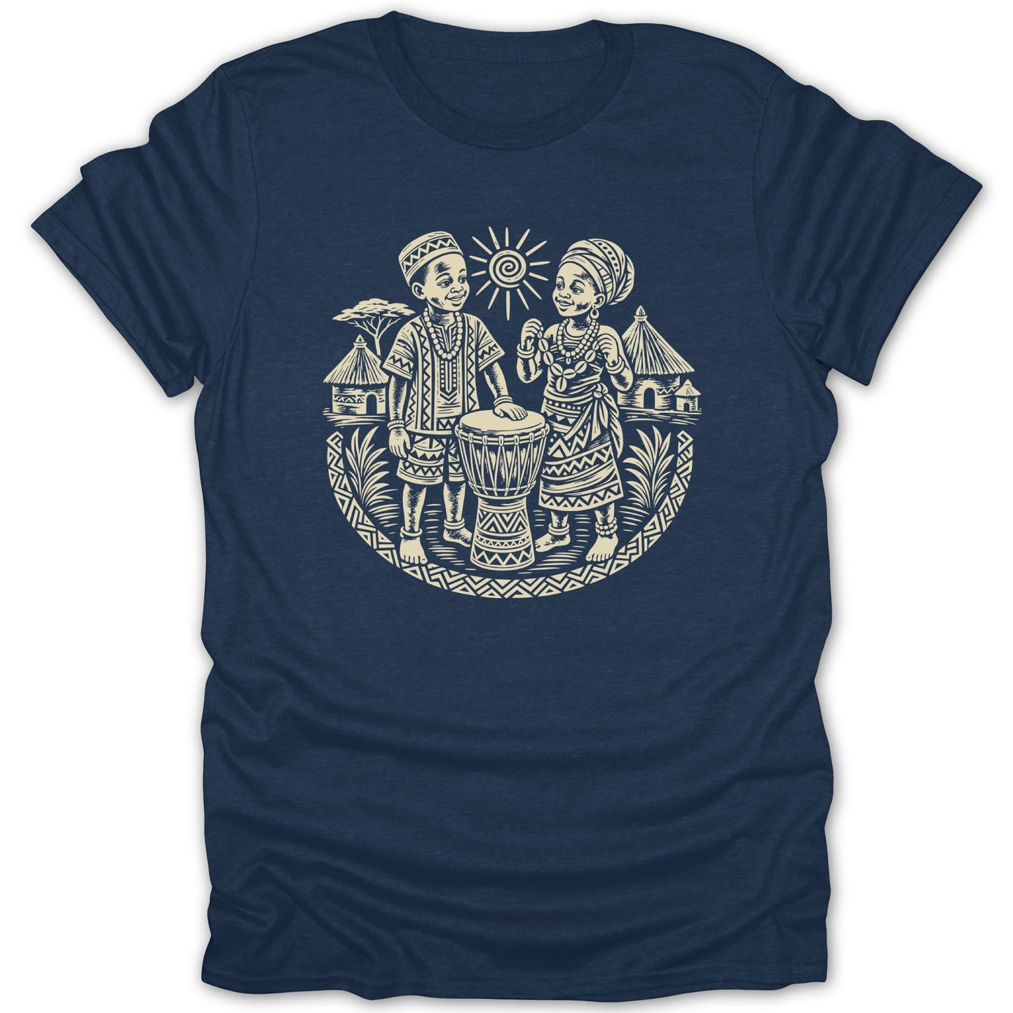 Illustration of two children with a djembe drum and African village scene under sun.