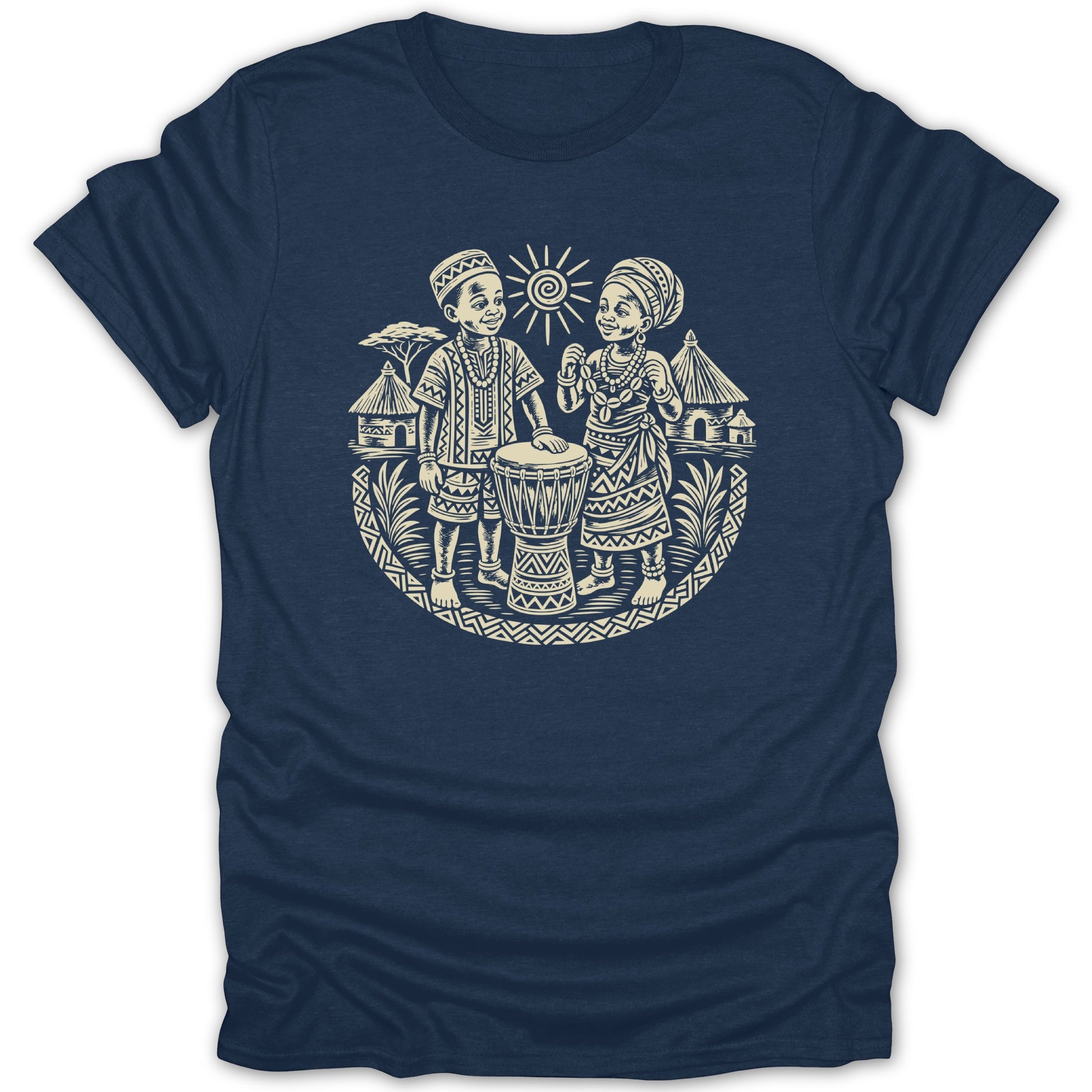 Illustration of two children with a djembe drum and African village scene under sun.