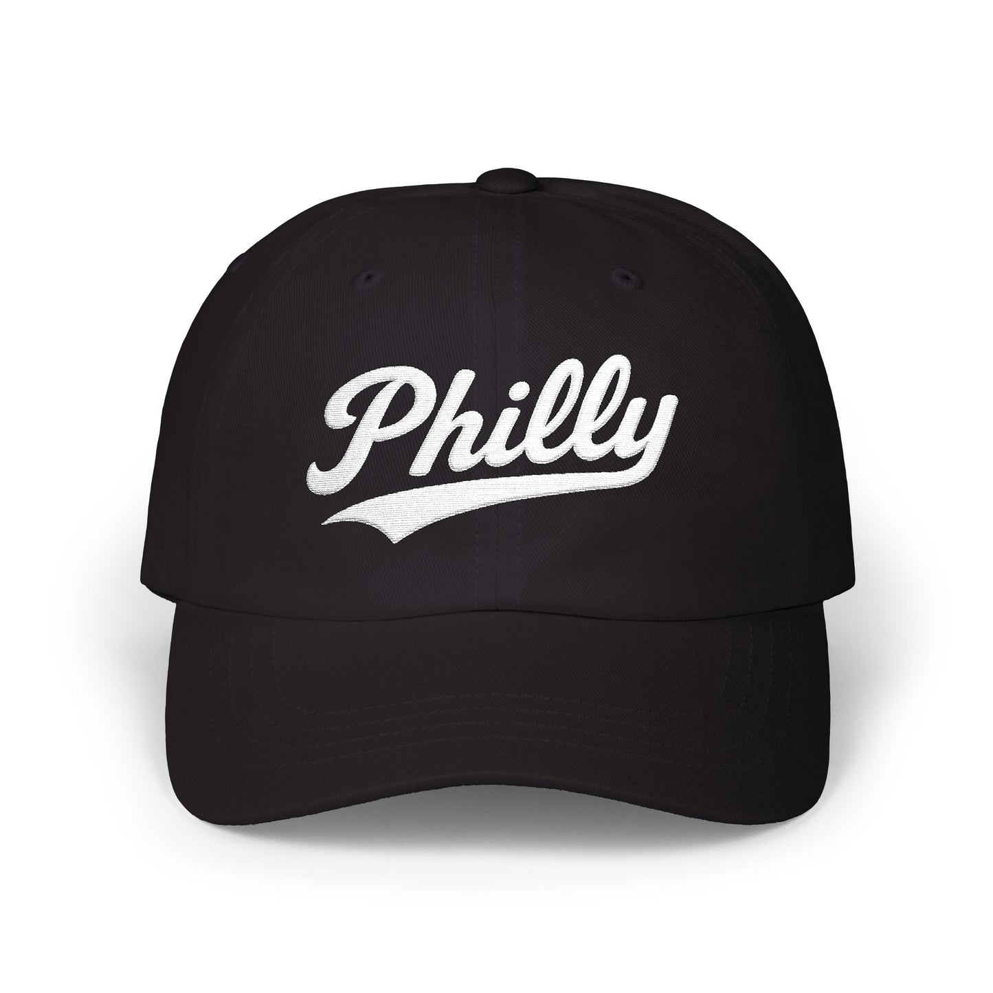 Black baseball cap with "Philly" embroidered in white cursive script.