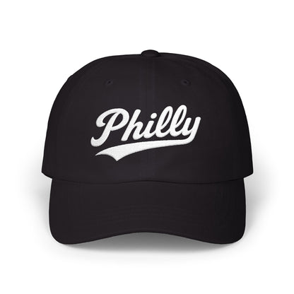 Black baseball cap with "Philly" embroidered in white cursive script.