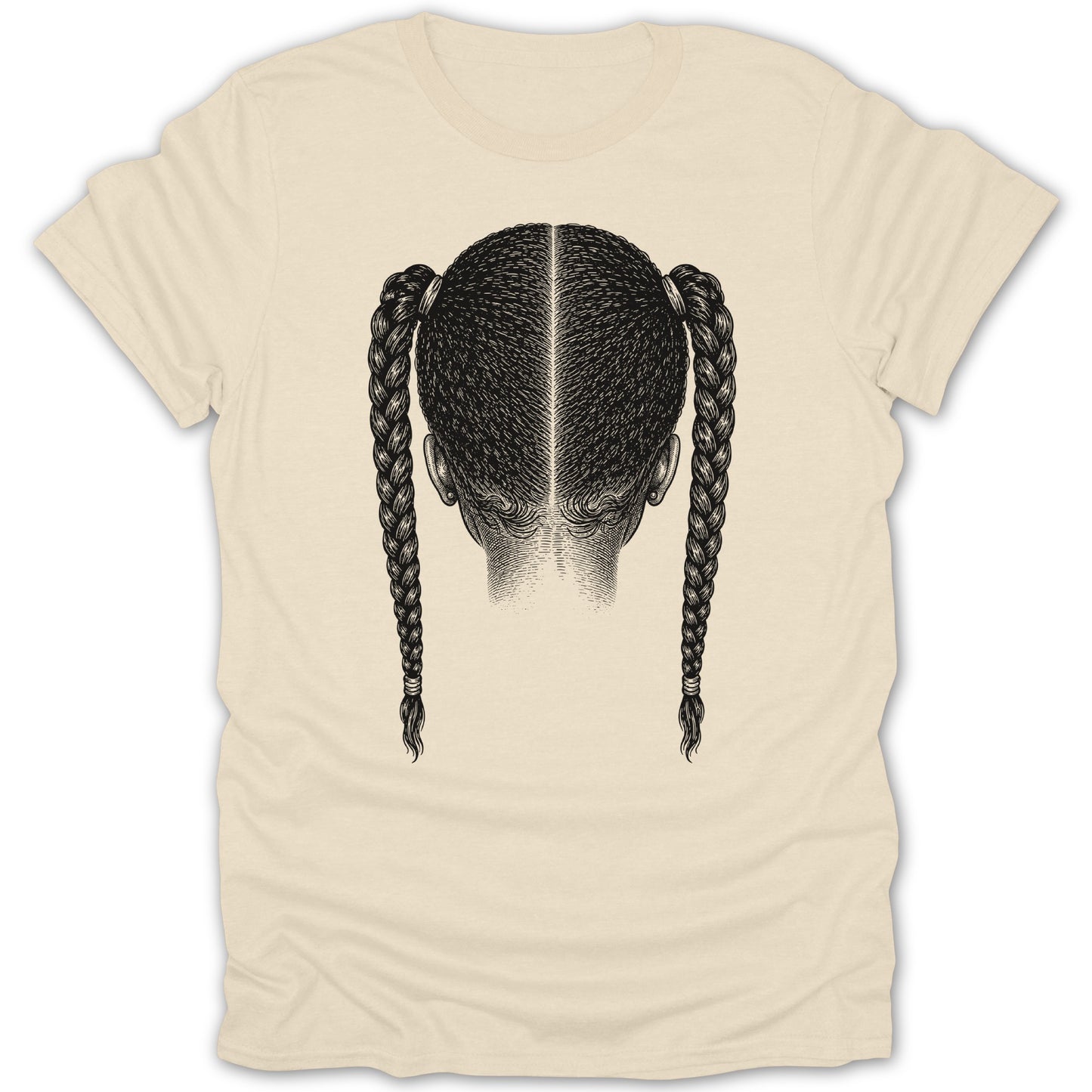 Back of t-shirt with illustration of braided pigtails and intricately detailed scalp.