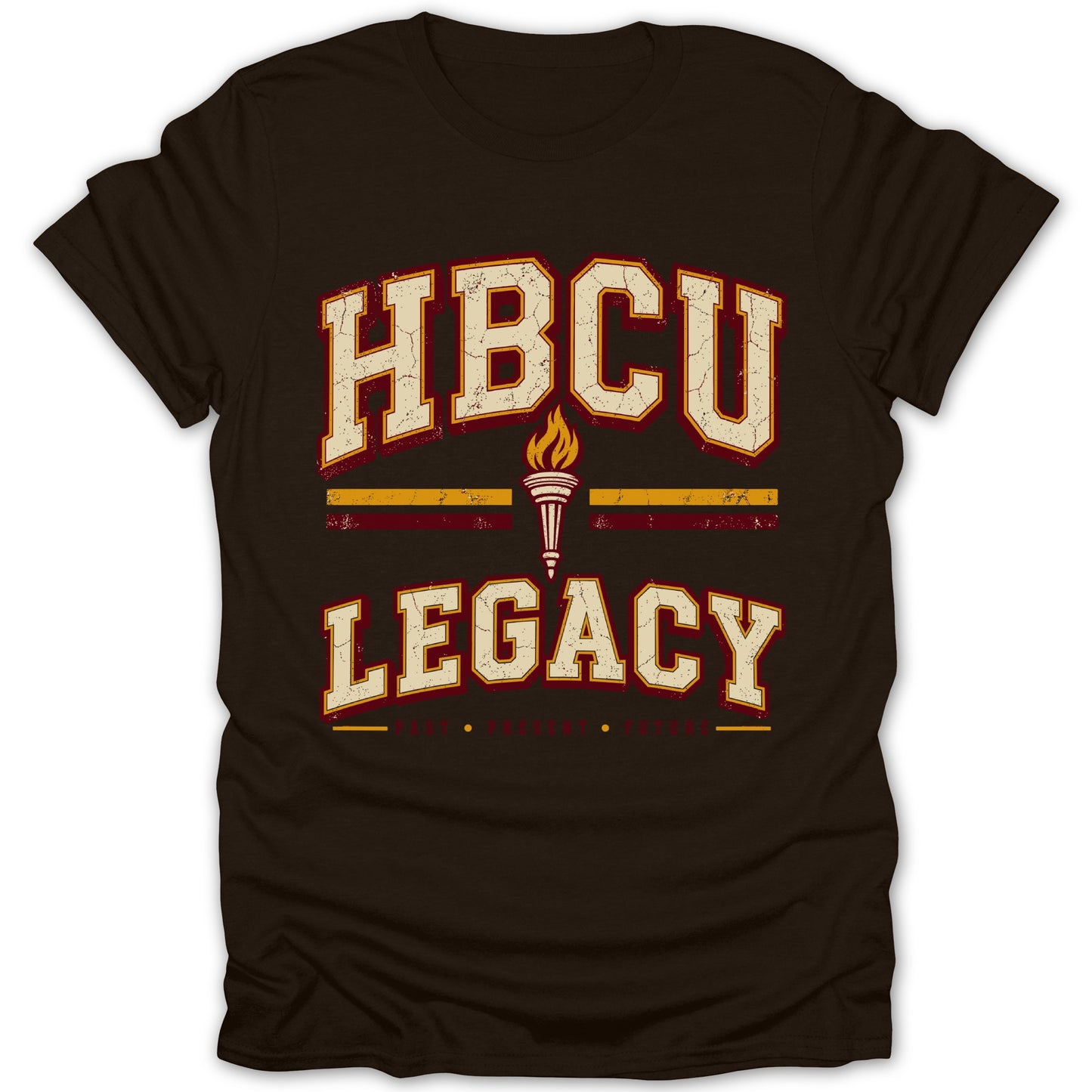 Brown t-shirt with distressed text "HBCU LEGACY" and a torch graphic.