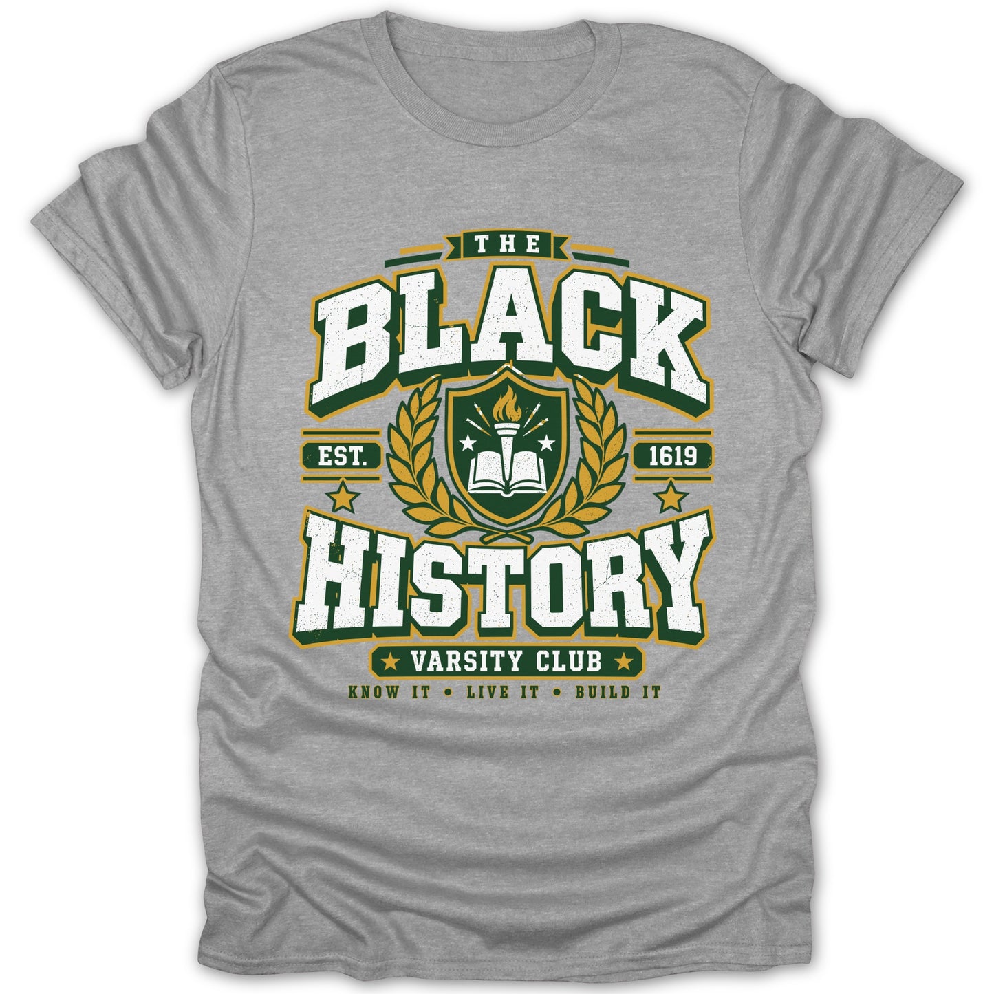 Grey t-shirt with "The Black History Varsity Club" text and shield logo.