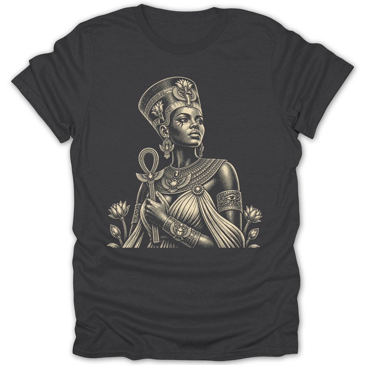 Illustration of Egyptian queen holding an ankh, surrounded by lotus flowers.