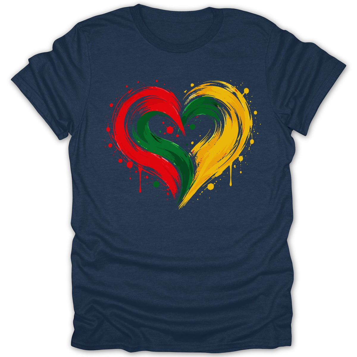 Navy t-shirt with a heart design in red, green, and yellow brush strokes.