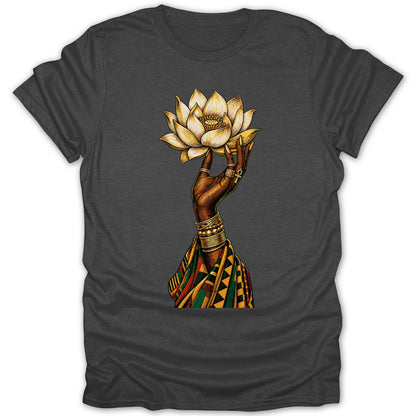 Dark t-shirt with illustration of a hand holding a golden lotus flower.