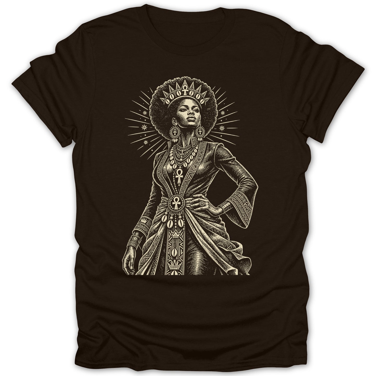 Queen with Afro and elaborate jewelry on a brown t-shirt.