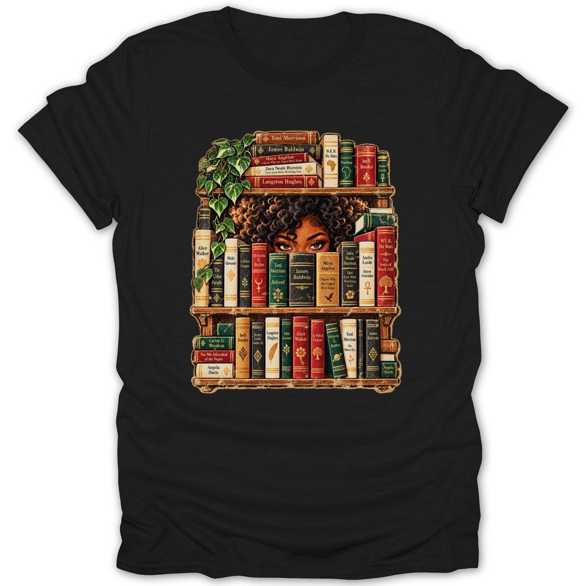 T-shirt with artwork of a Black woman looking through a bookshelf of classic Black authors.