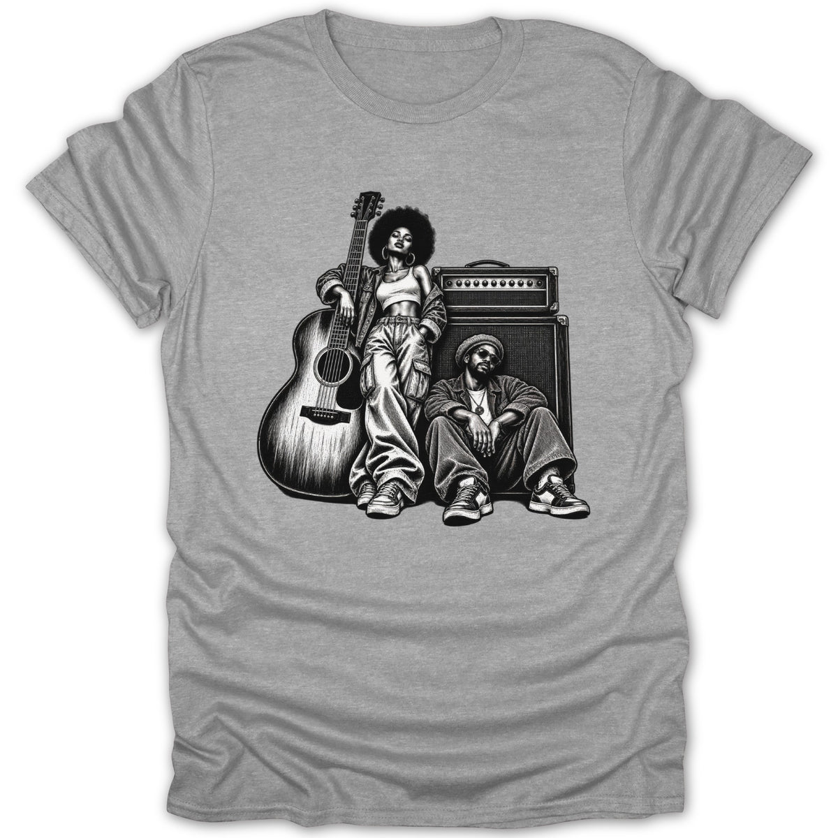Black and white sketch of a man and woman with a guitar and amplifier.