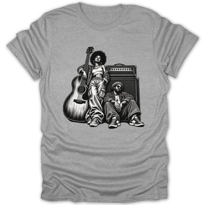 Black and white sketch of a man and woman with a guitar and amplifier.