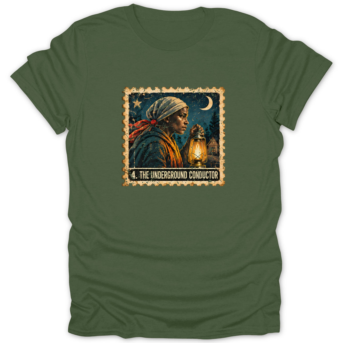 An olive green t-shirt featuring a postage stamp graphic of a woman holding a lantern and the text THE UNDERGROUND CONDUCTOR.