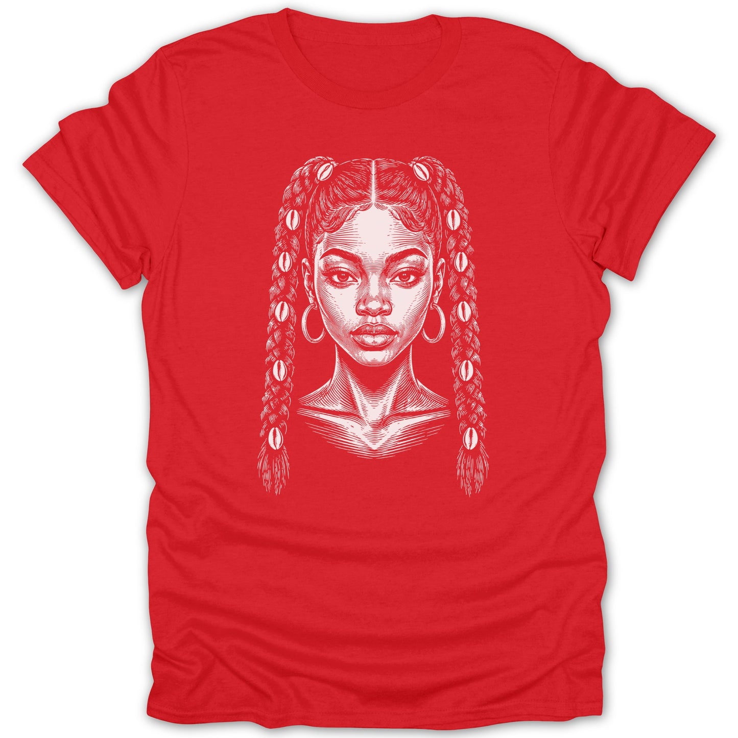 Red t-shirt with a white line drawing of a woman with braided hair and shell accents.