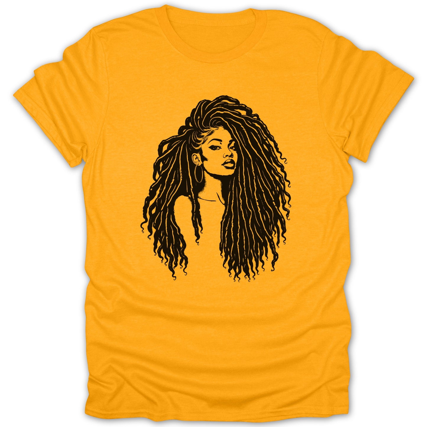 Black graphic of woman with dreadlocks on a gold t-shirt.