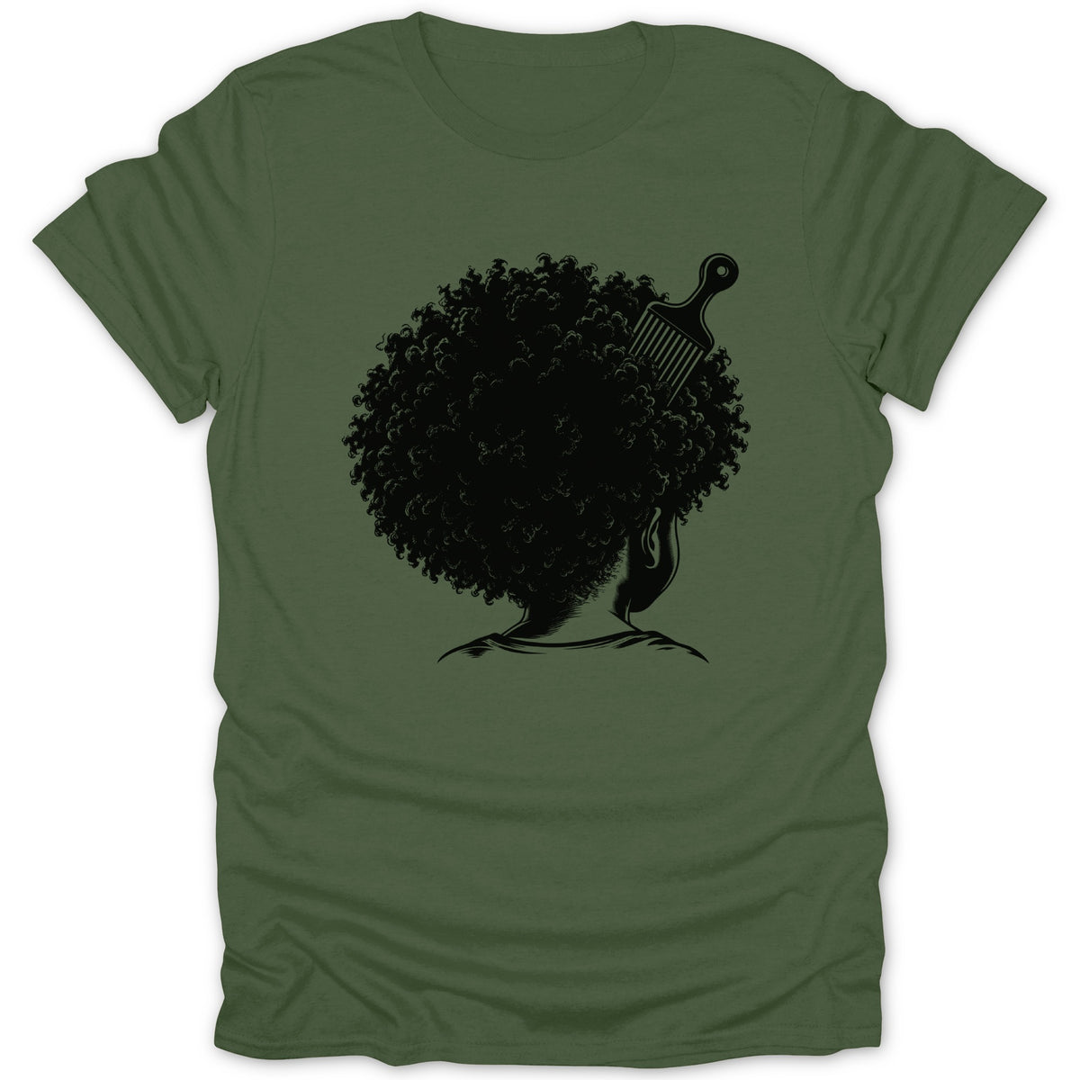 Black graphic of a person's head with afro and comb on green t-shirt.